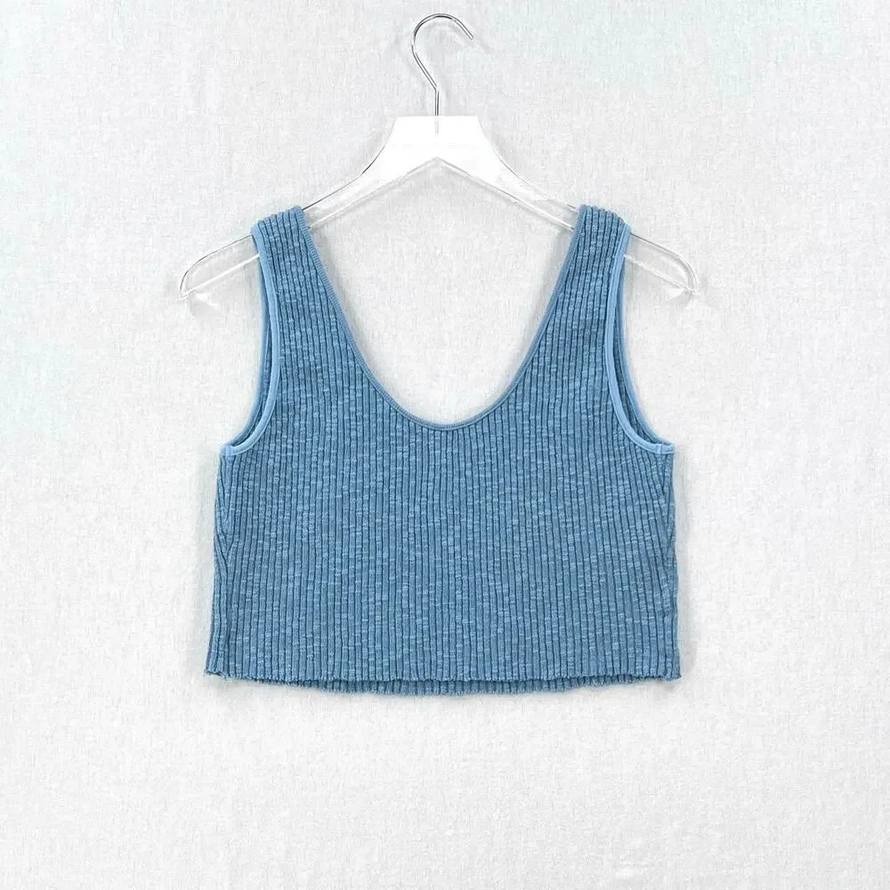 ENZA COSTA Rib Sweater Knit Cropped Tank Womens Medium Blue Stretch Wide Strap - Picture 2 of 13